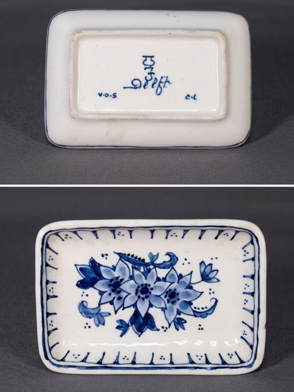 Vt'g 1967 Royal Delft Hand Painted Blue Floral Rectangular Ceramic Trinket Tray